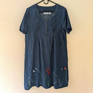 Vintage Country Store Floral Embroidery Denim Dress sz L Cottagecore 100% Cotton